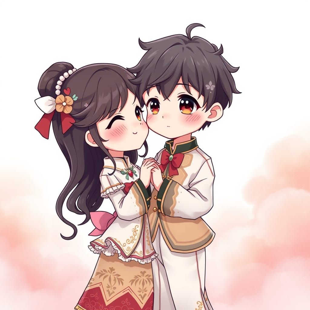 Chibi Anime Couple in Whimsical Pastel Hues