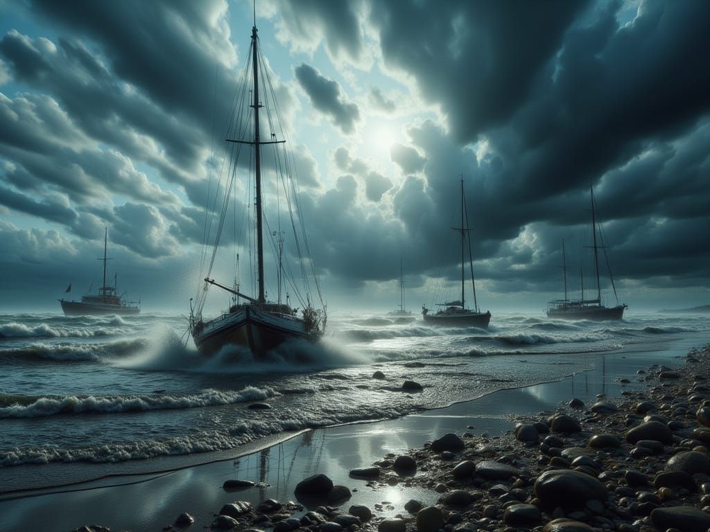 Hyperrealistic Fisherman Struggles Against Perfect Storm