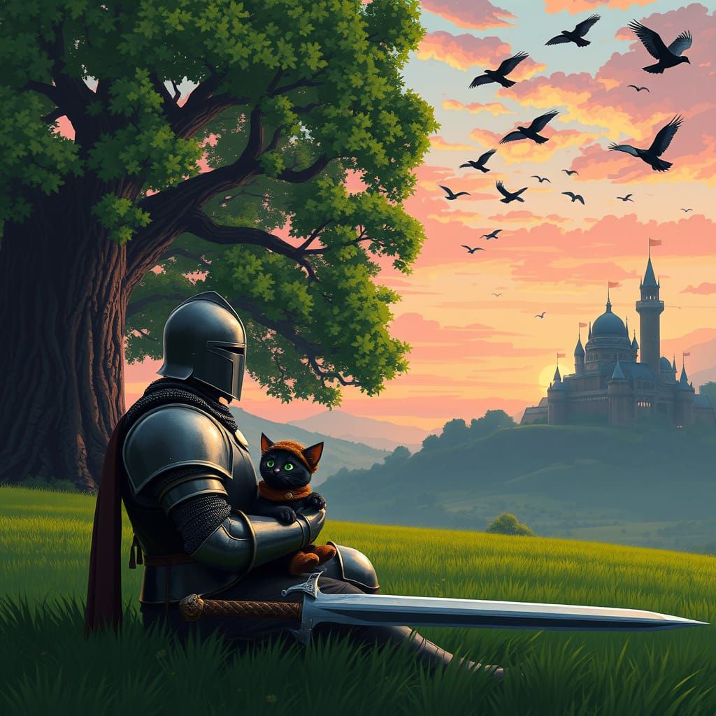 Knight in Whimsical Armor Amidst Nature's Splendor