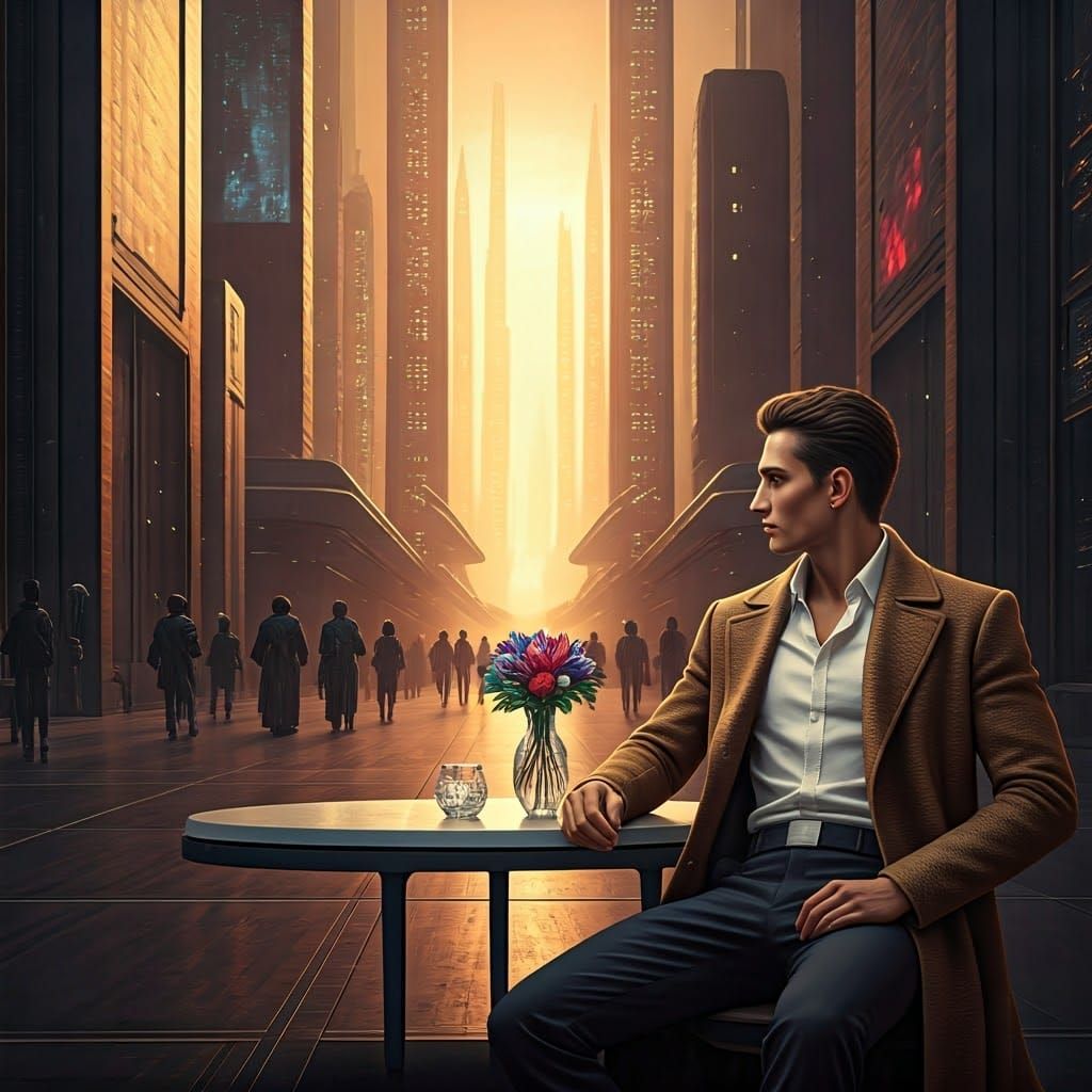 Futuristic Man in Cityscape with Holographic Advertisements