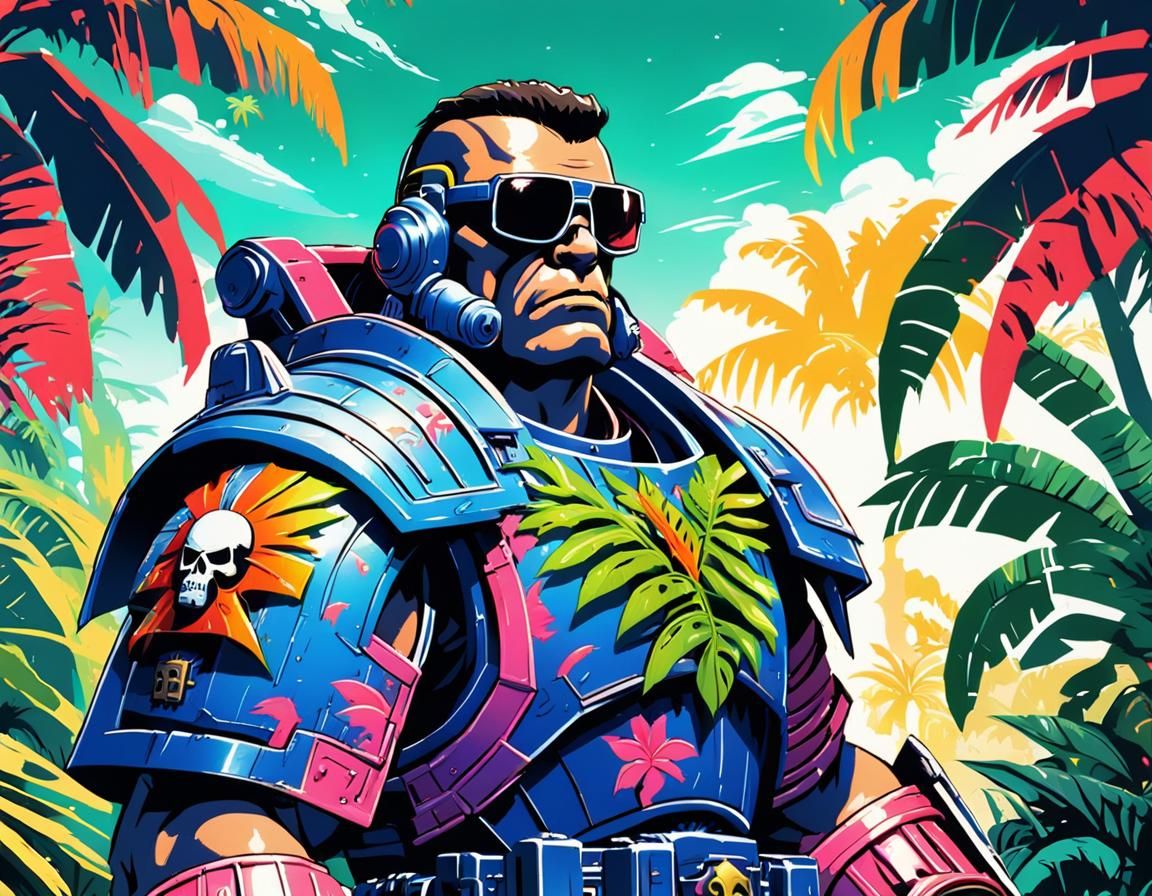 Warhammer Space Marine on Tropical Vacation in Anime Style