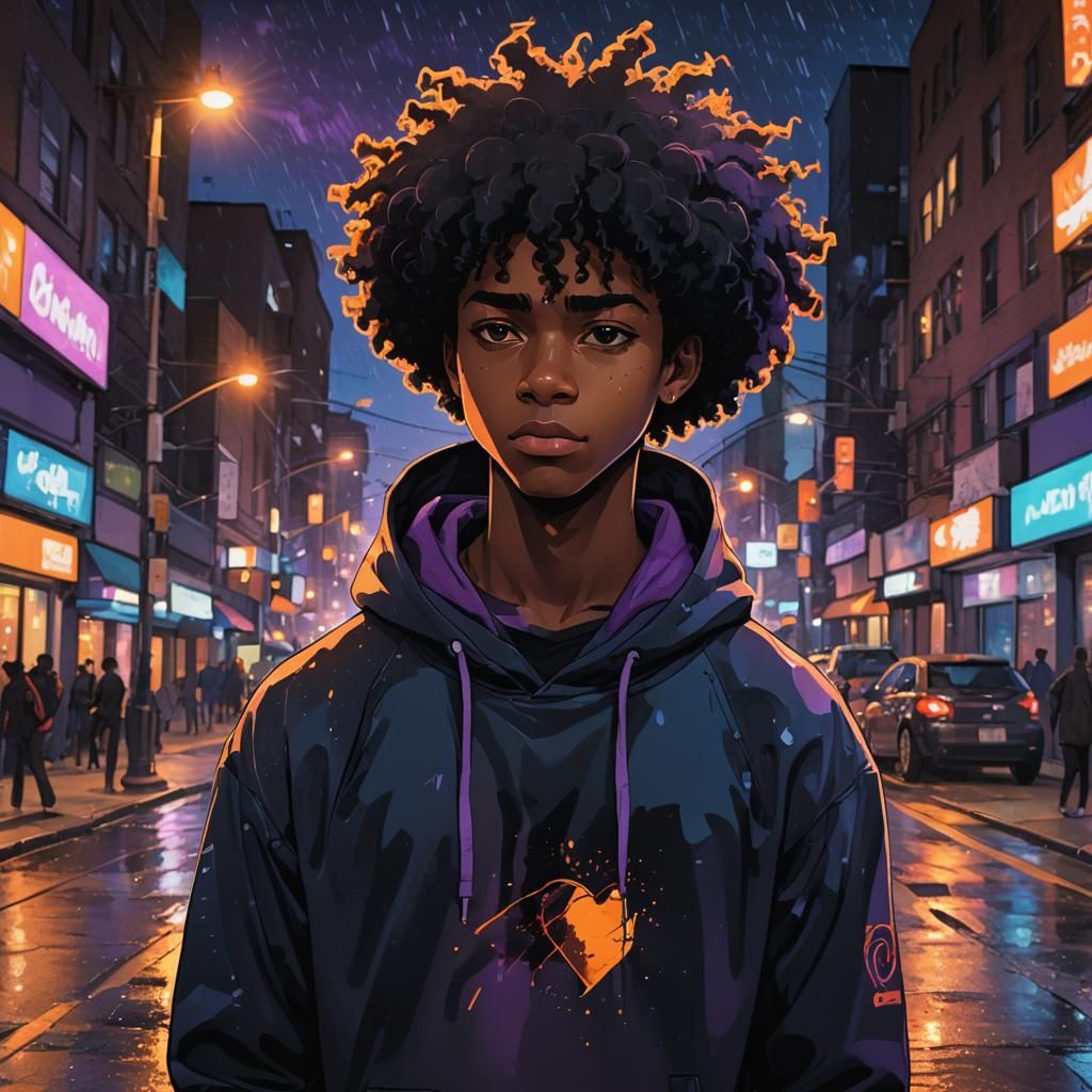 Anime Portrait of Boy with Afro in City Street