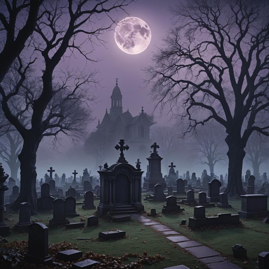 Ethereal Ghosts in Dimly Lit Cemetery: Digital Matte Paintin...