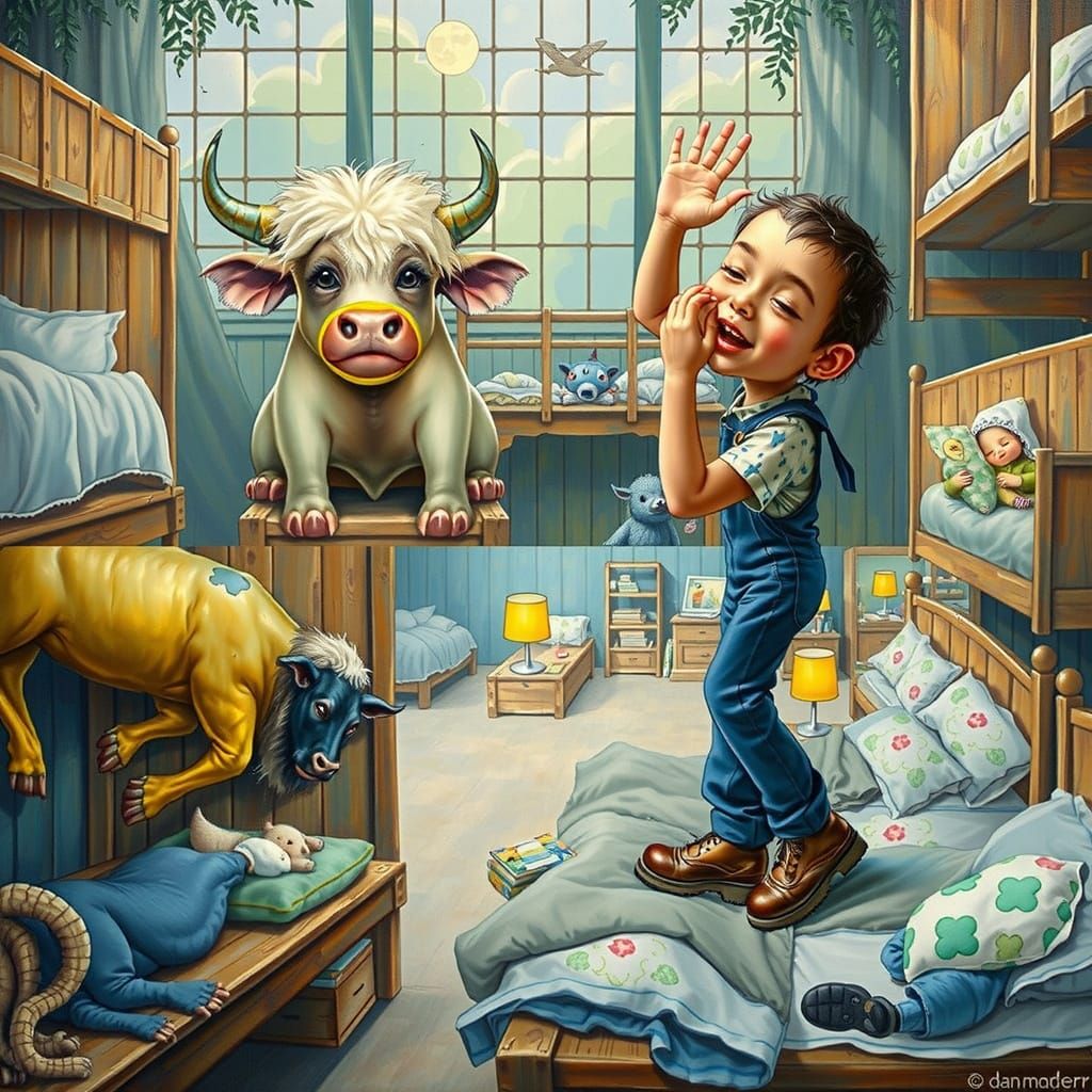 Dreamy Childhood Flight on a Winged Cow Over Animal Beds