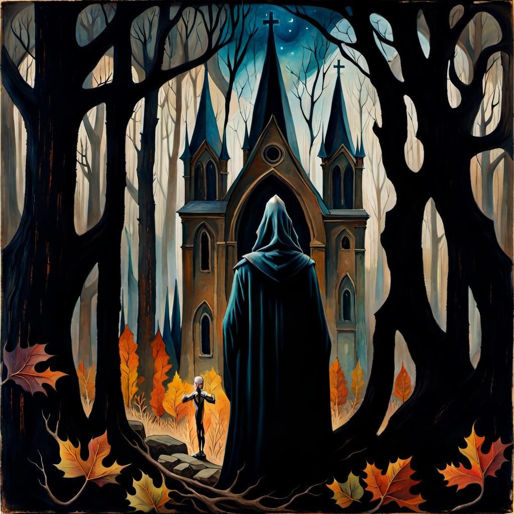Eerie Forest Figure in Gothic Impressionist Style