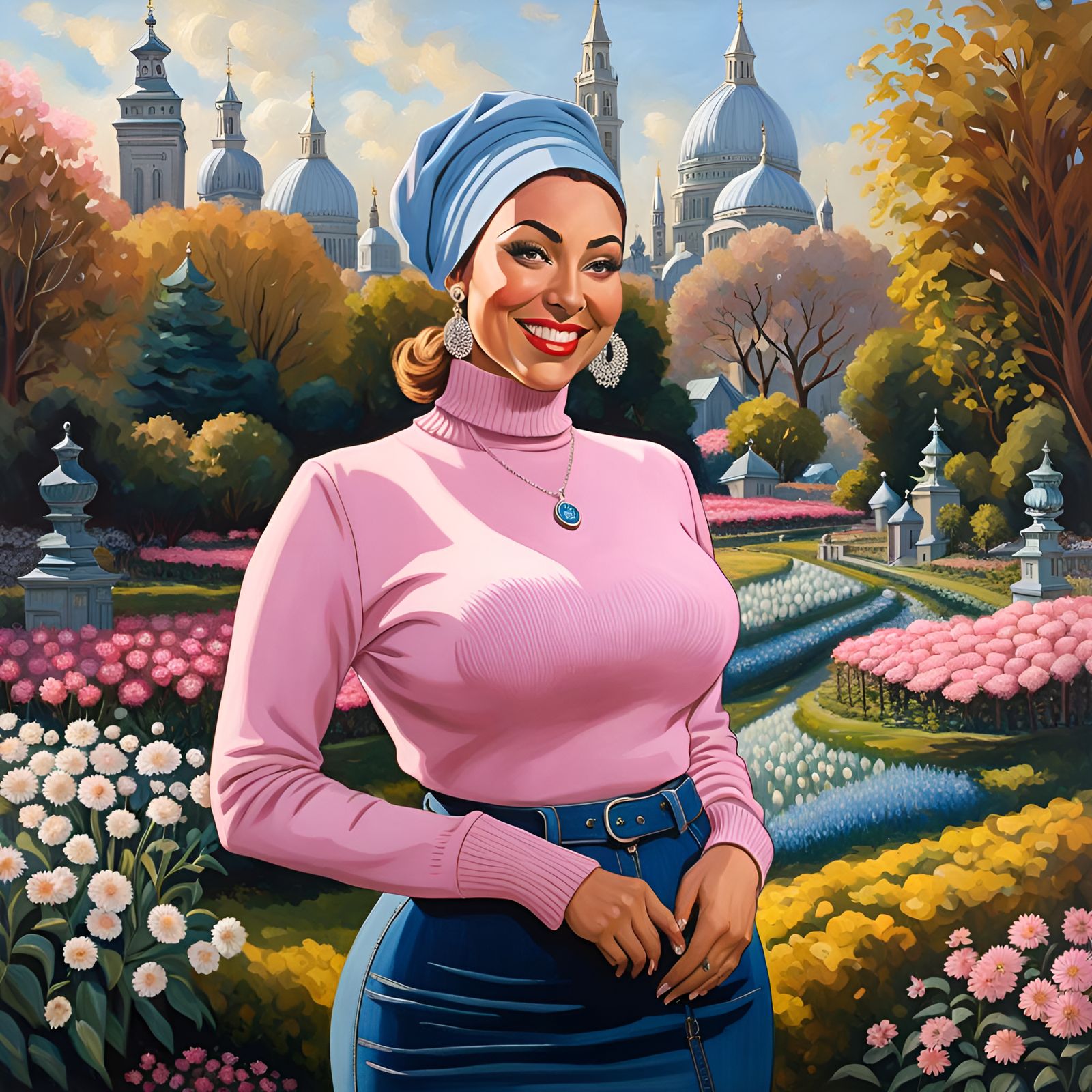 Curvy Woman in Garden: Hyperrealistic Digital Art