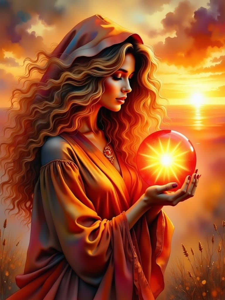 Woman with Glowing Orb in Atmospheric Digital Art