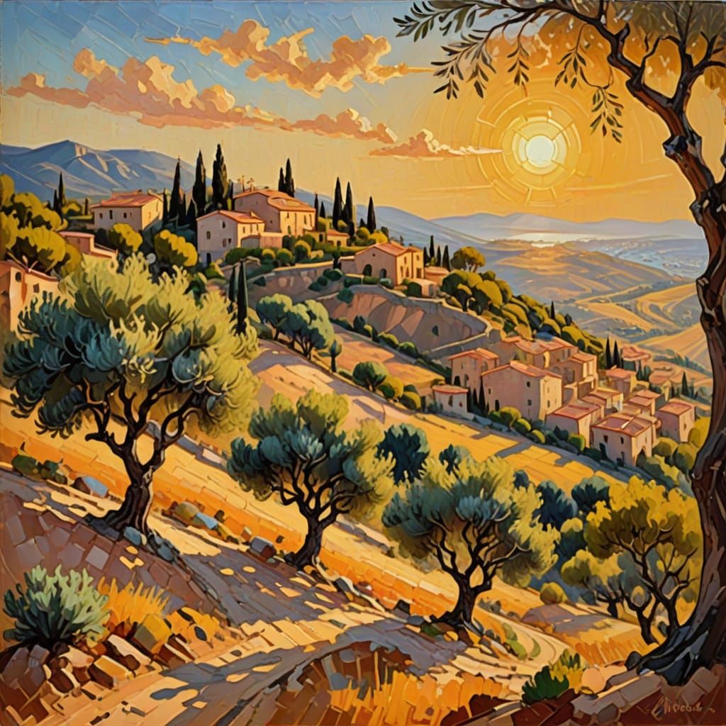 Mediterranean Hillside in Impressionist Oil Painting