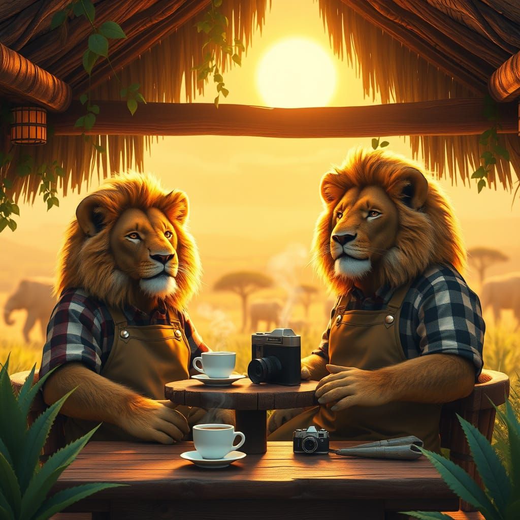 Fantastical Lions Cafe in Whimsical Savannah Landscape