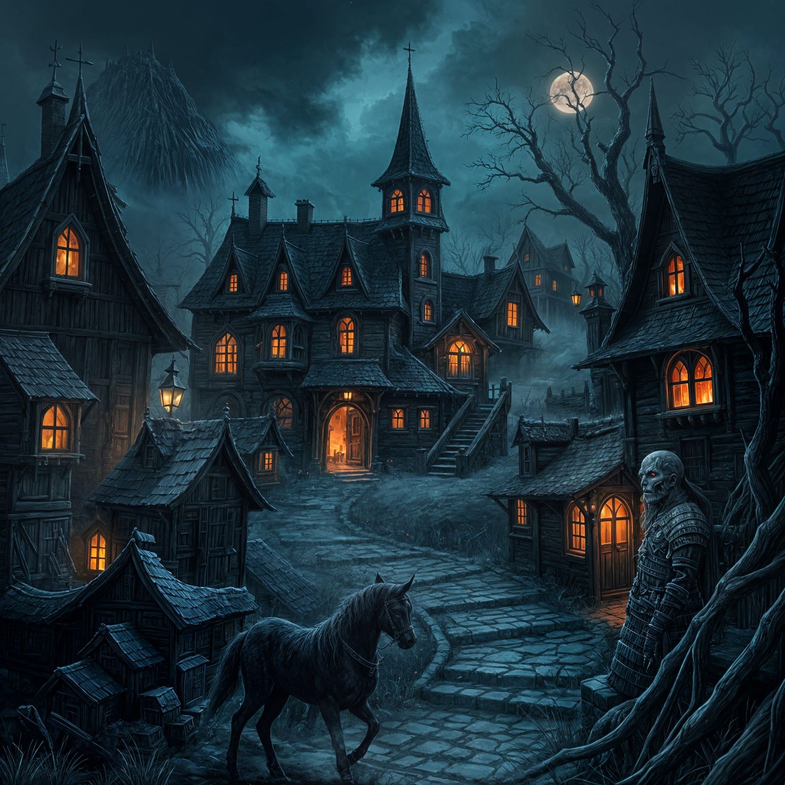 Grimdark Fantasy: Haunted Village at Night