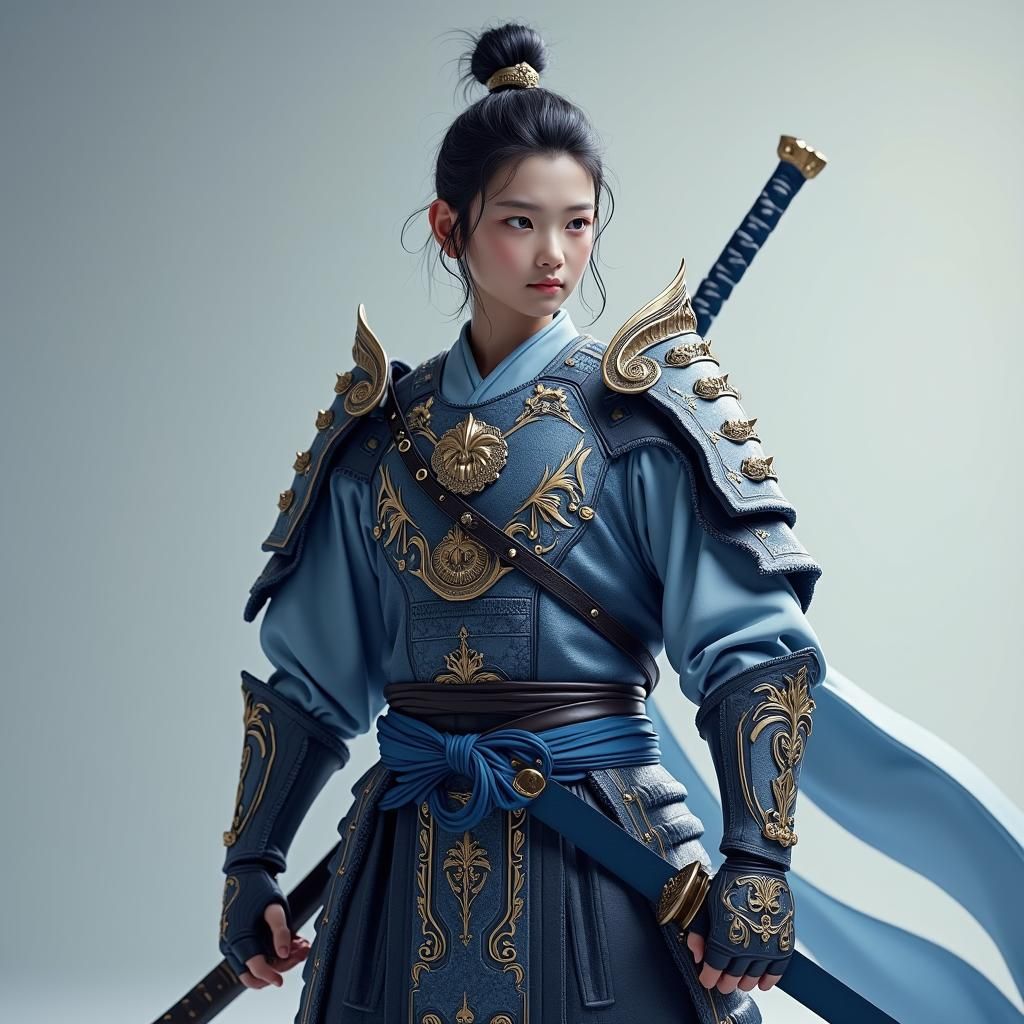 Young Warrior in Blue Armor with Katana: Hyperrealistic Port...