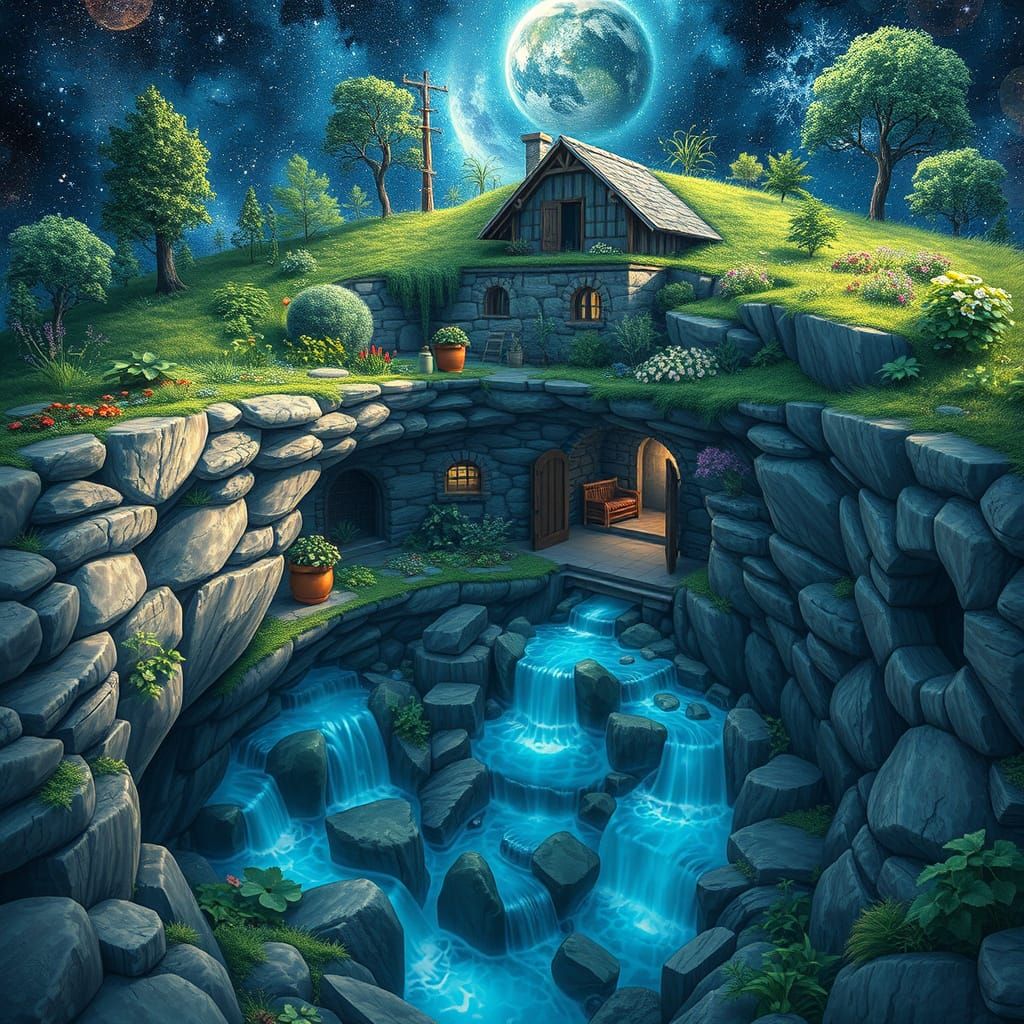 Underground Stone House with Gardens: Astral Illustration
