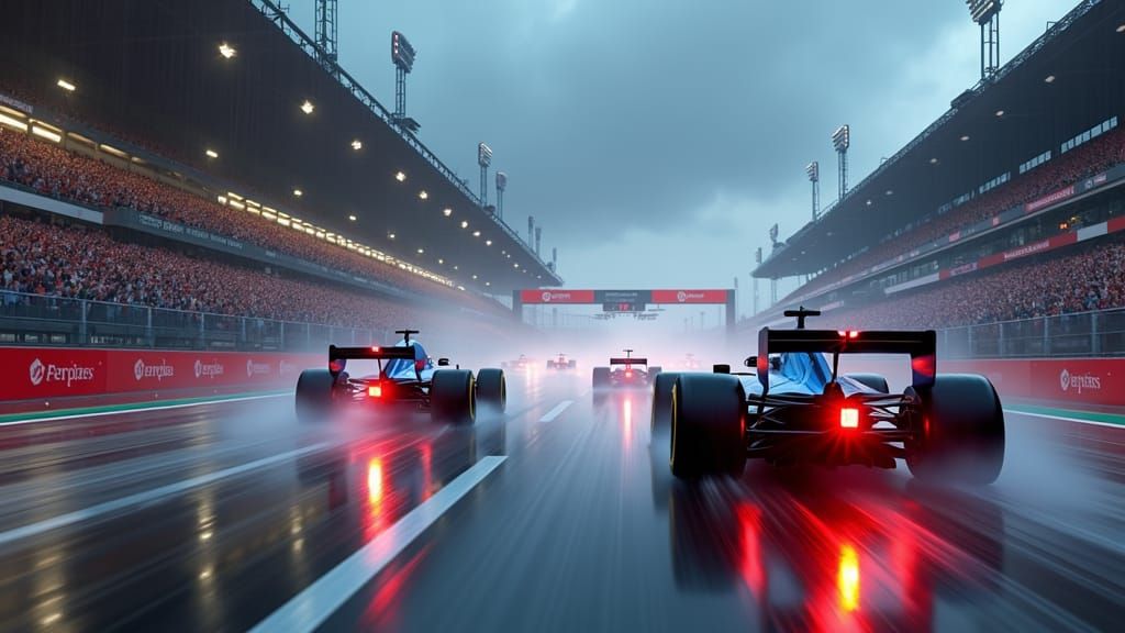 F1 Cars Racing on Wet Track as 3D Game Art