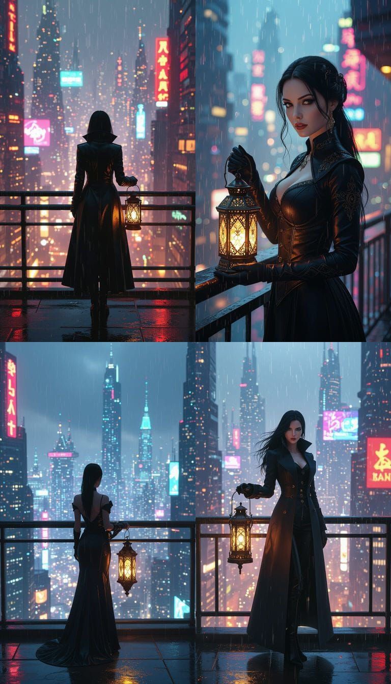 Neon Cityscape: Woman with Steampunk Lantern