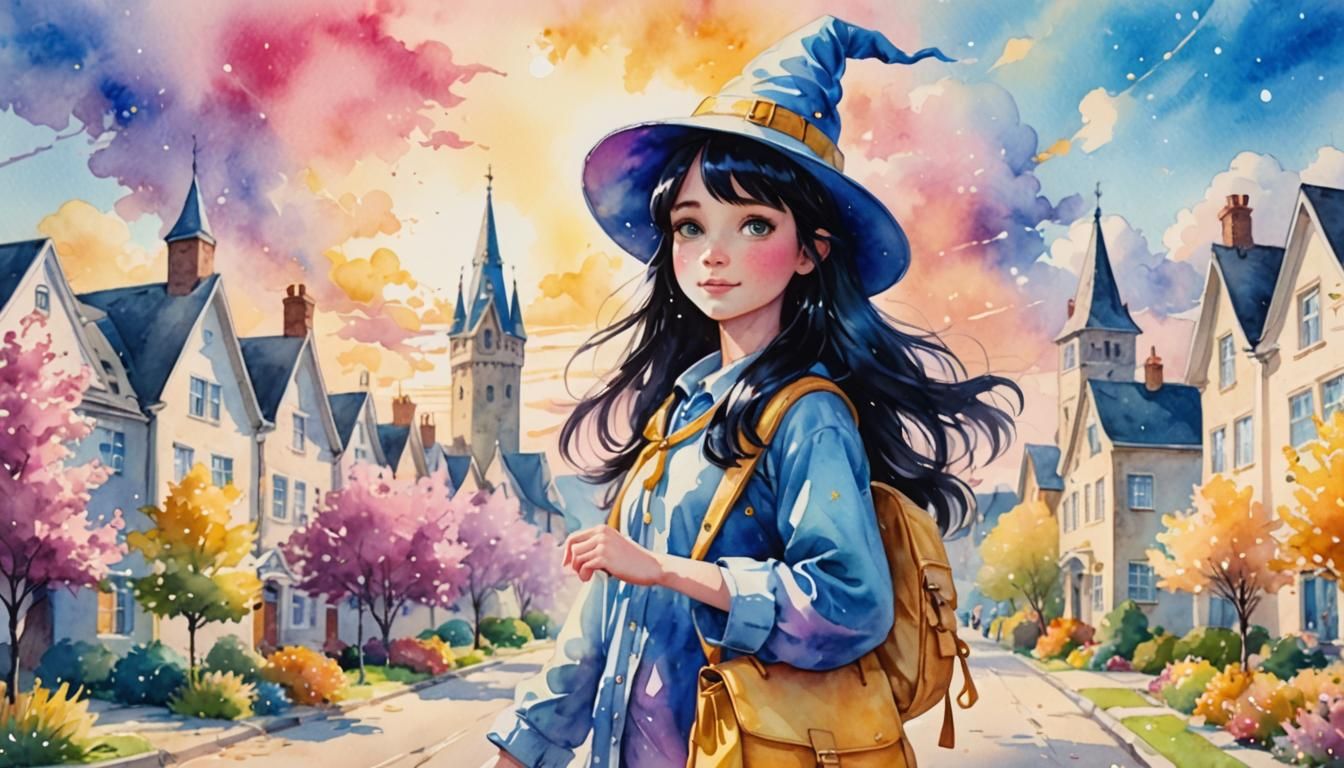 Watercolor Wizard Girl Walking to School