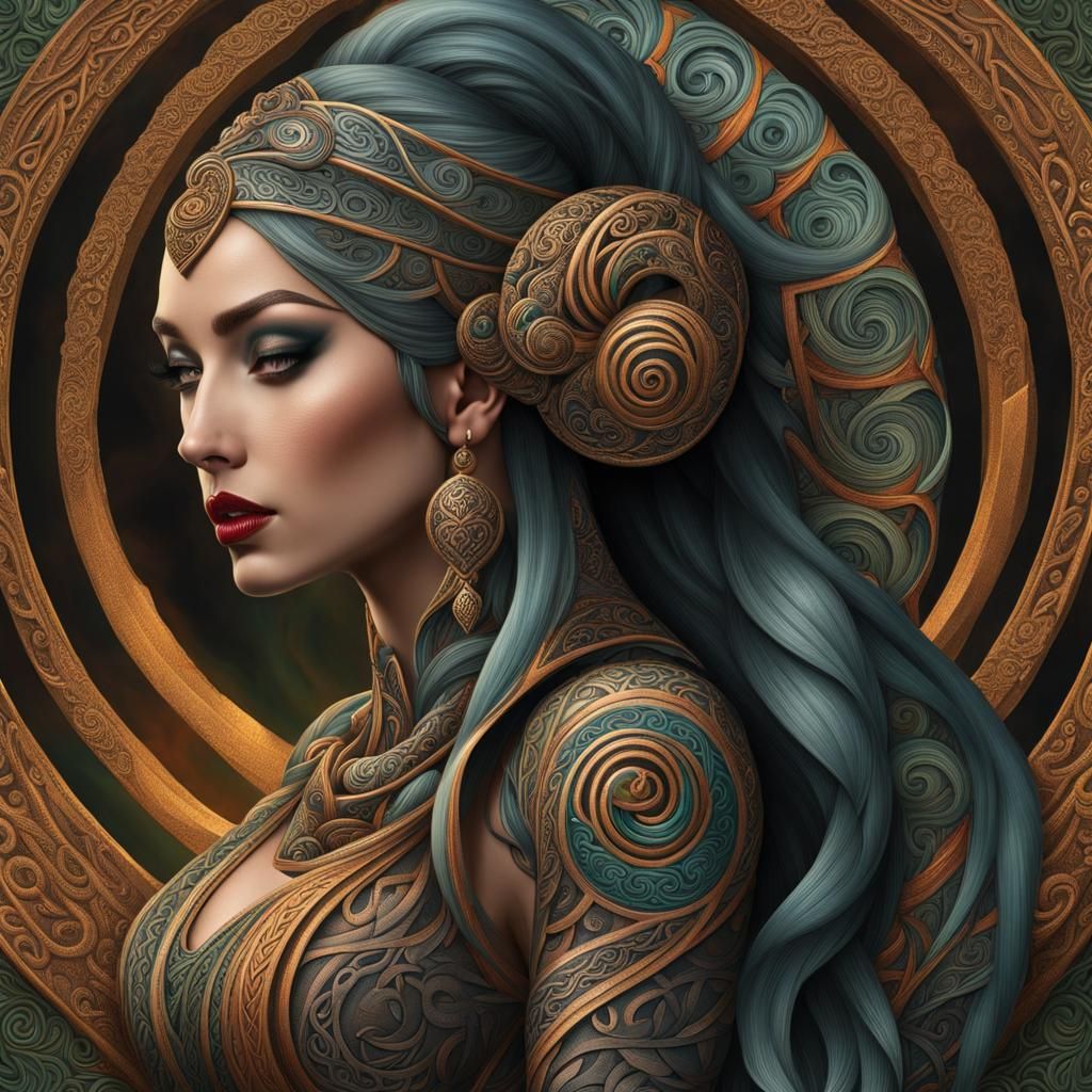 3D ancient Celtic spirals tattooed Down the arm of a beautif...