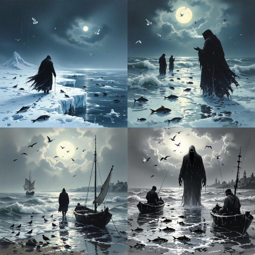 Mythical Figure Freezes Sydney Harbor in Gustave Doré Style