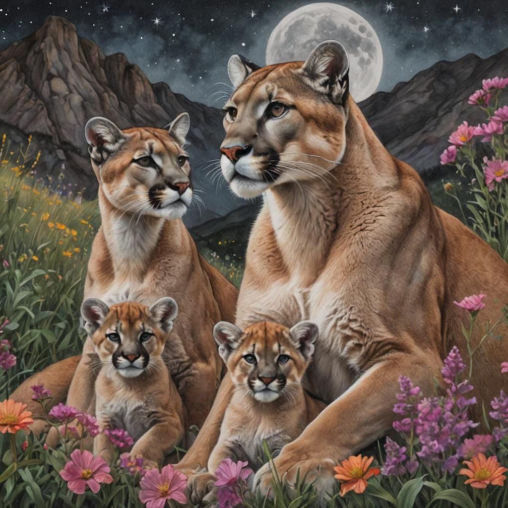 Mountain Lion Family in Charcoal Landscape