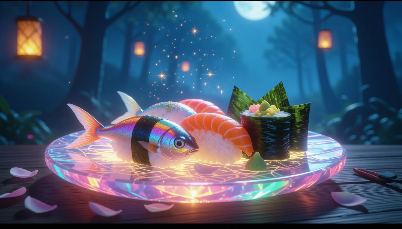 Magical Sushi Platter in Moonlit Forest