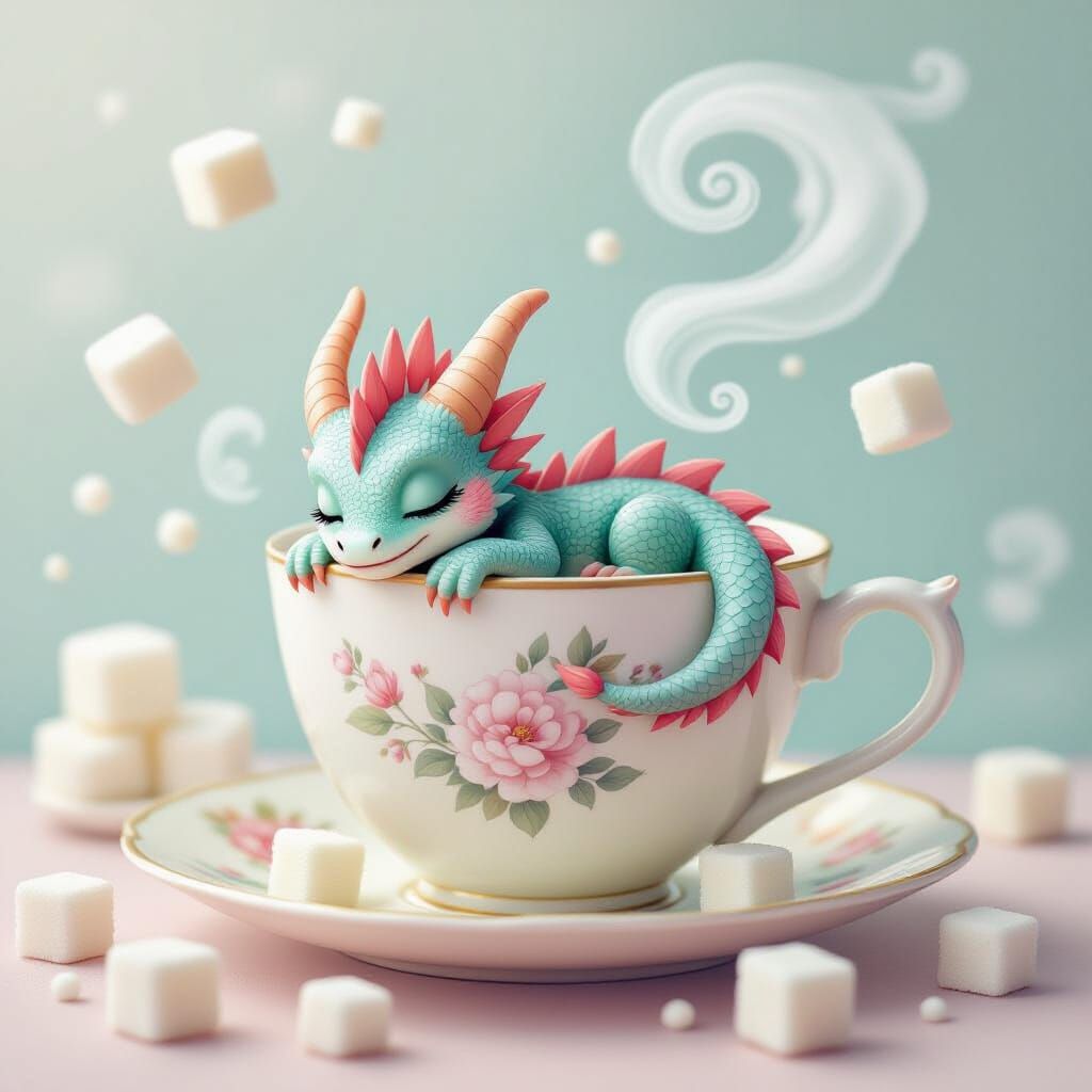 Dragon Napping in Teacup: Dreamlike Whimsical Art
