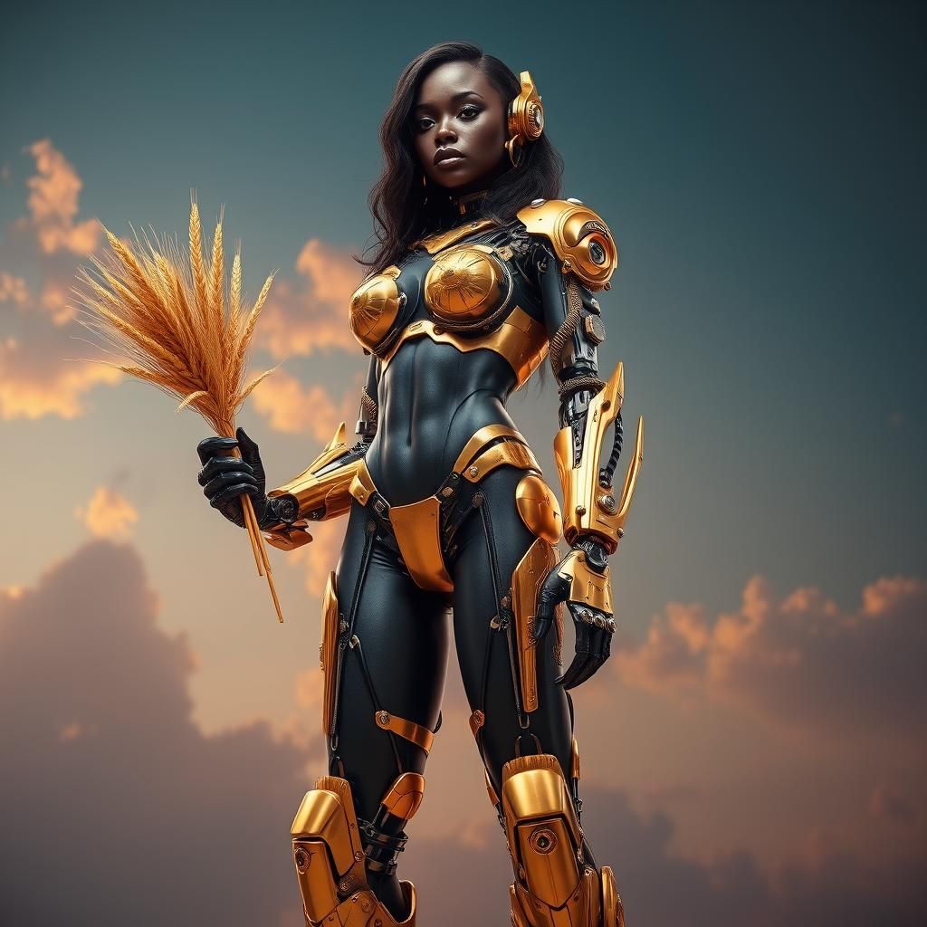Ebony Cyborg Woman with Golden Cybernetic Enhancements