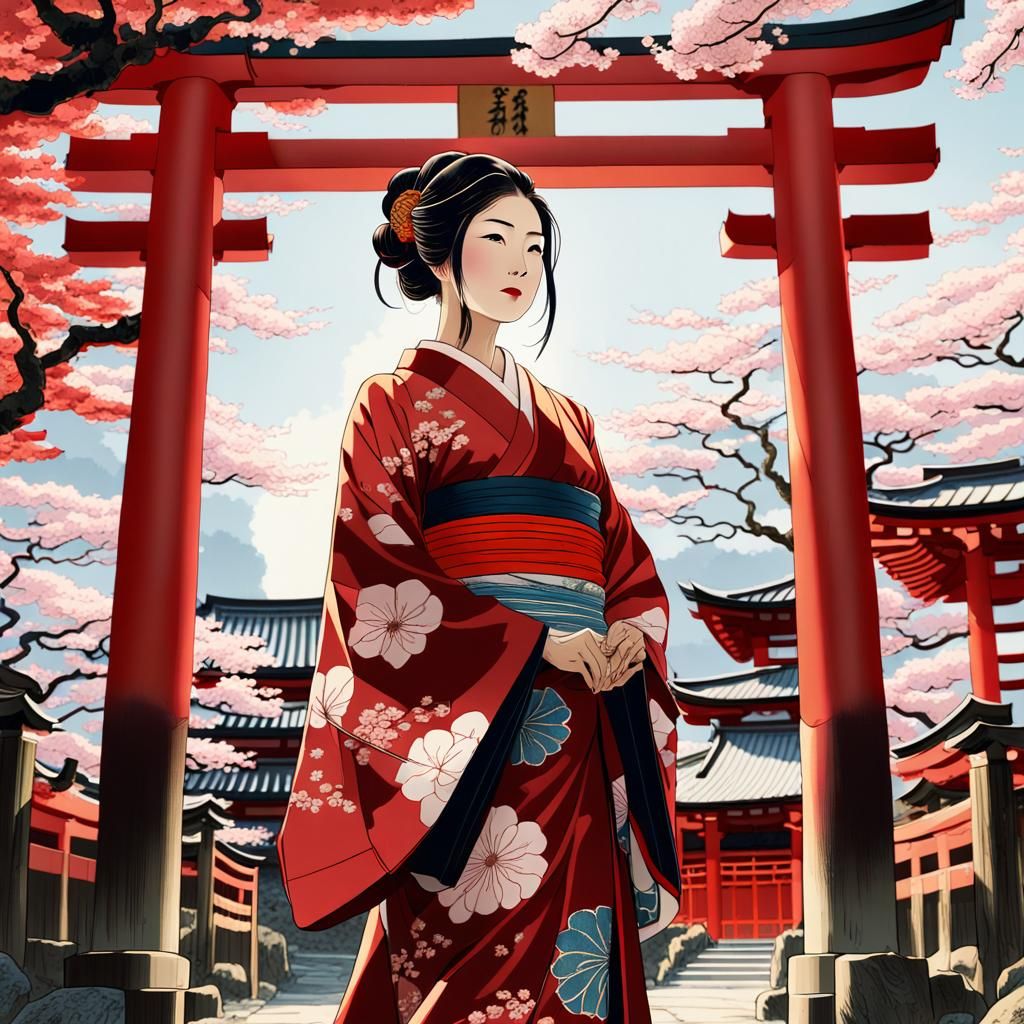 Shinto Priestess at Torii Gate in Ukiyo-e Style