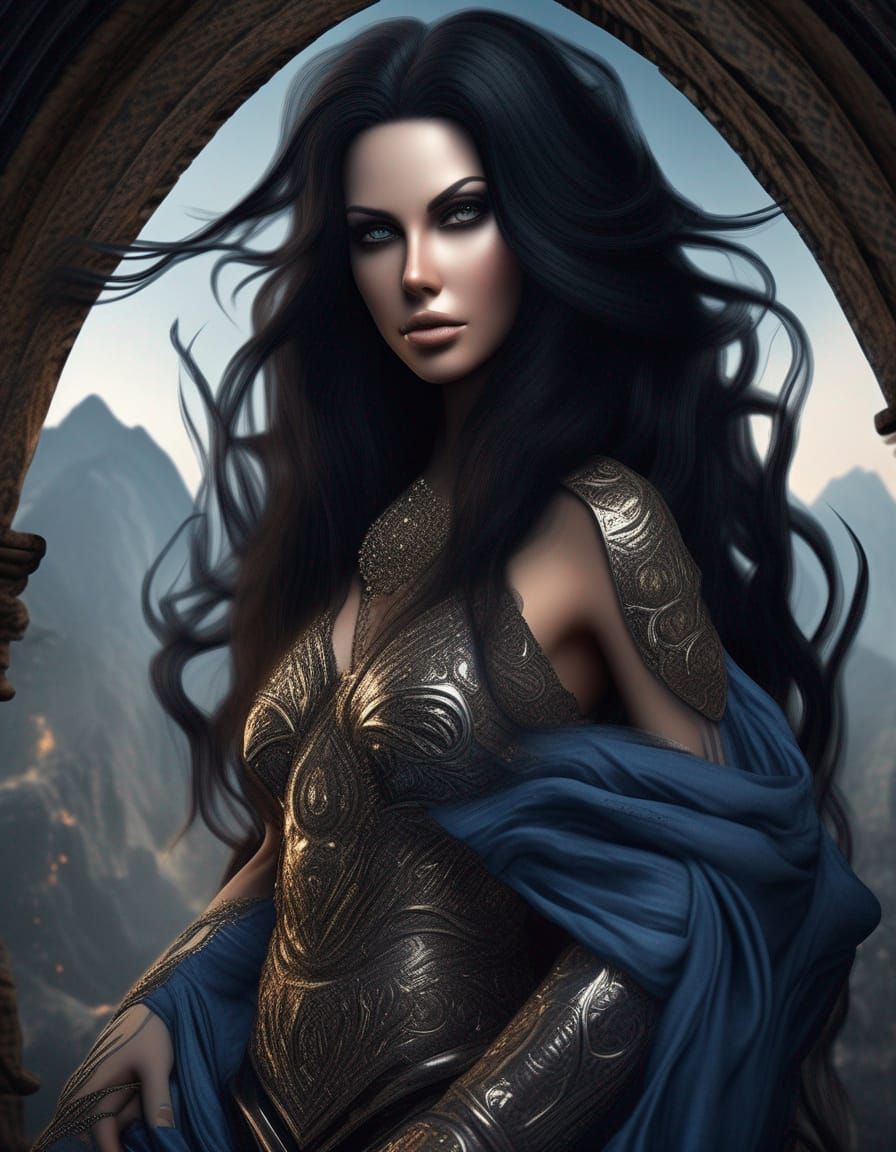Sinister Goddess with Long Black Hair: Hyper-Realistic Art