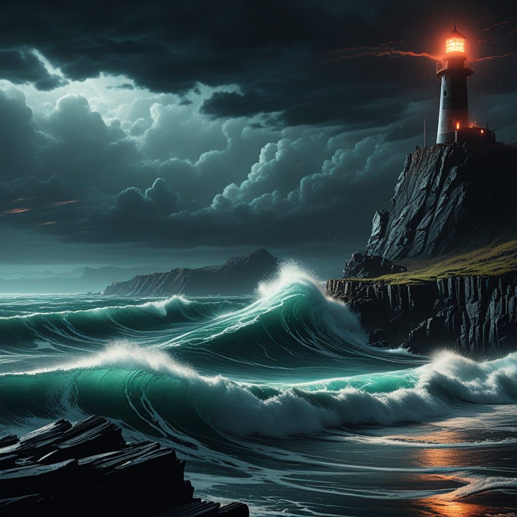 Stormy Lighthouse on Cliff Overlooking Neon Sea
