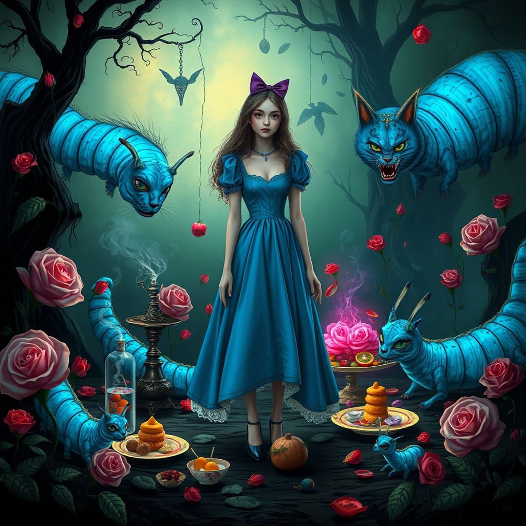 Alice in a Dark Surreal Landscape
