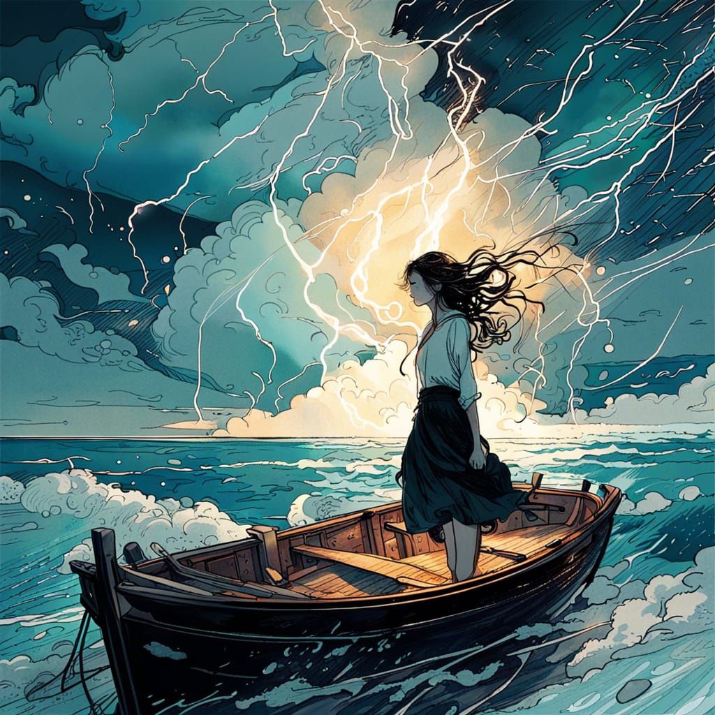 Lightning Storm Over the Sea: Art Nouveau Illustration