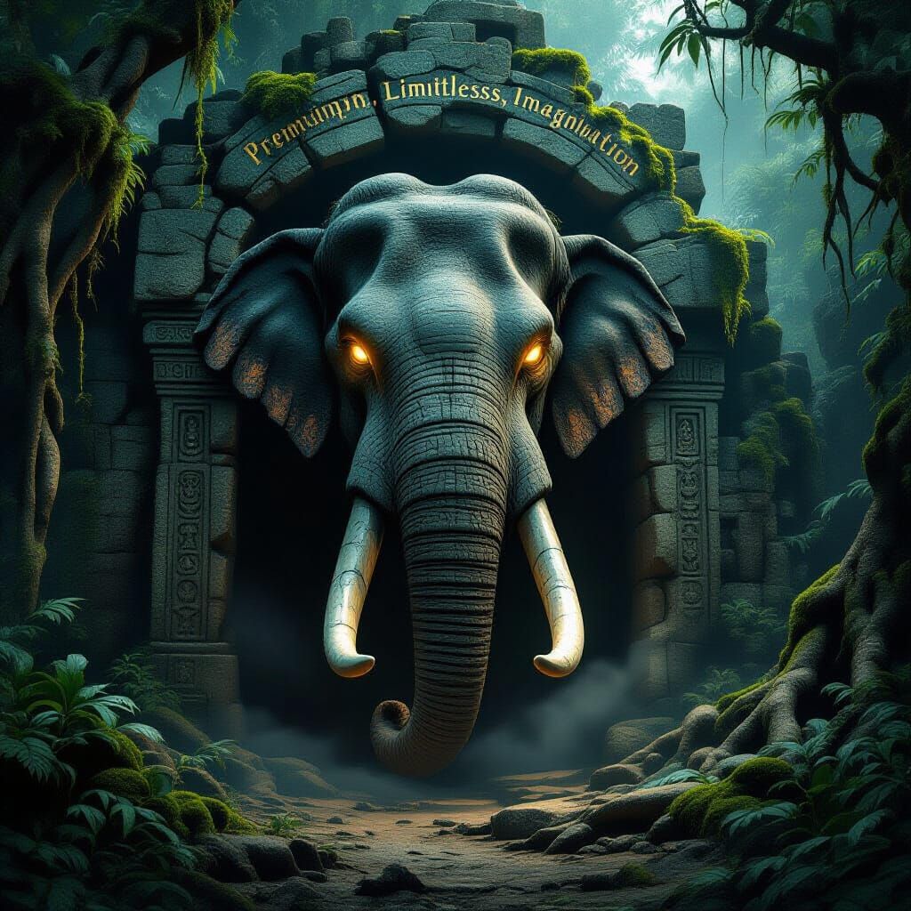 Mystical Elephant Head Cave Entrance in Stone Engraving Styl...