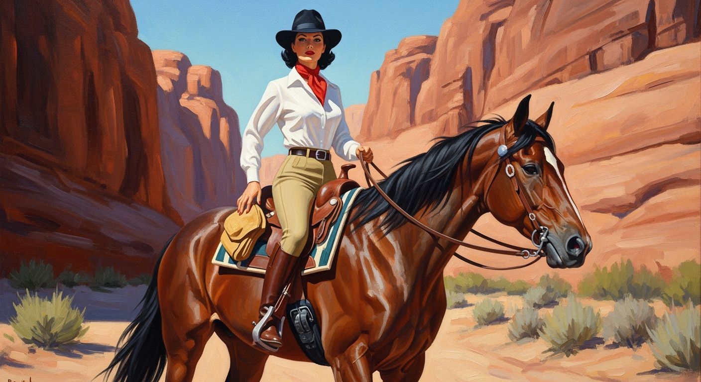 Impressionist Oil Painting of Woman Riding Horse in Desert C...