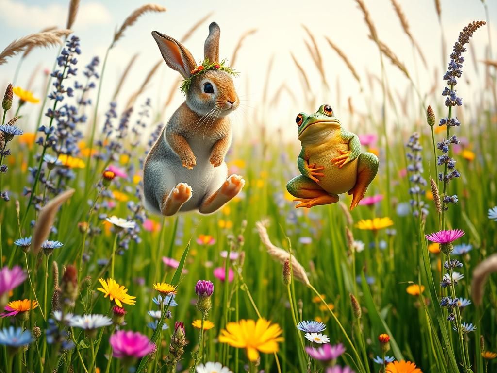 Rabbit and Frog Jumping Competition in Wildflower Meadow