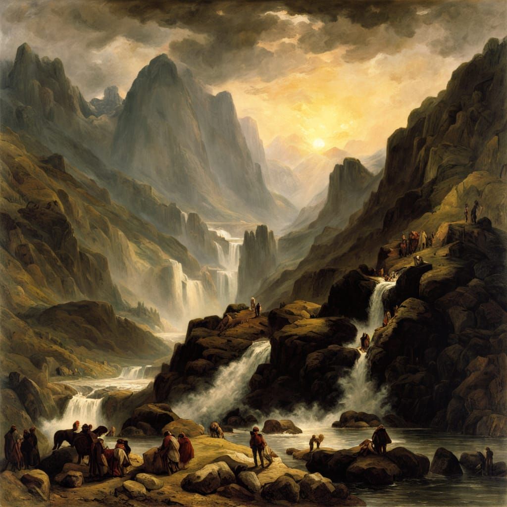 Romantic Landscape with Mountains, River, and Waterfalls