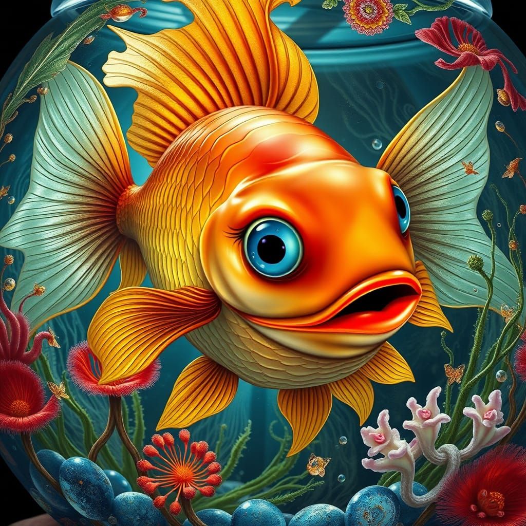 Smiling Goldfish in Art Nouveau Fishbowl