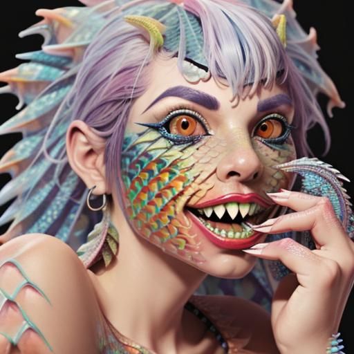 Colorful Piranha Girl with Sharp Teeth