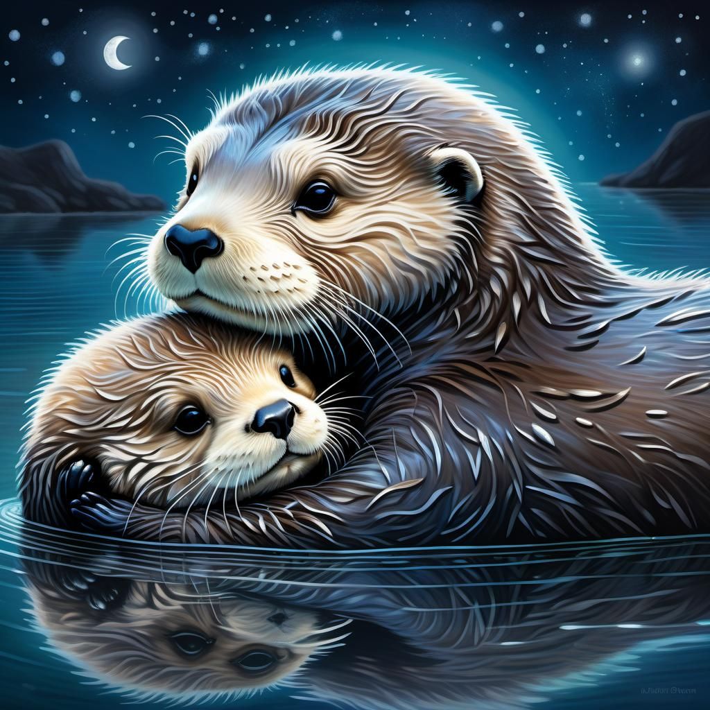 Fluffy Baby Otter Napping in Moonlight, Digital Painting