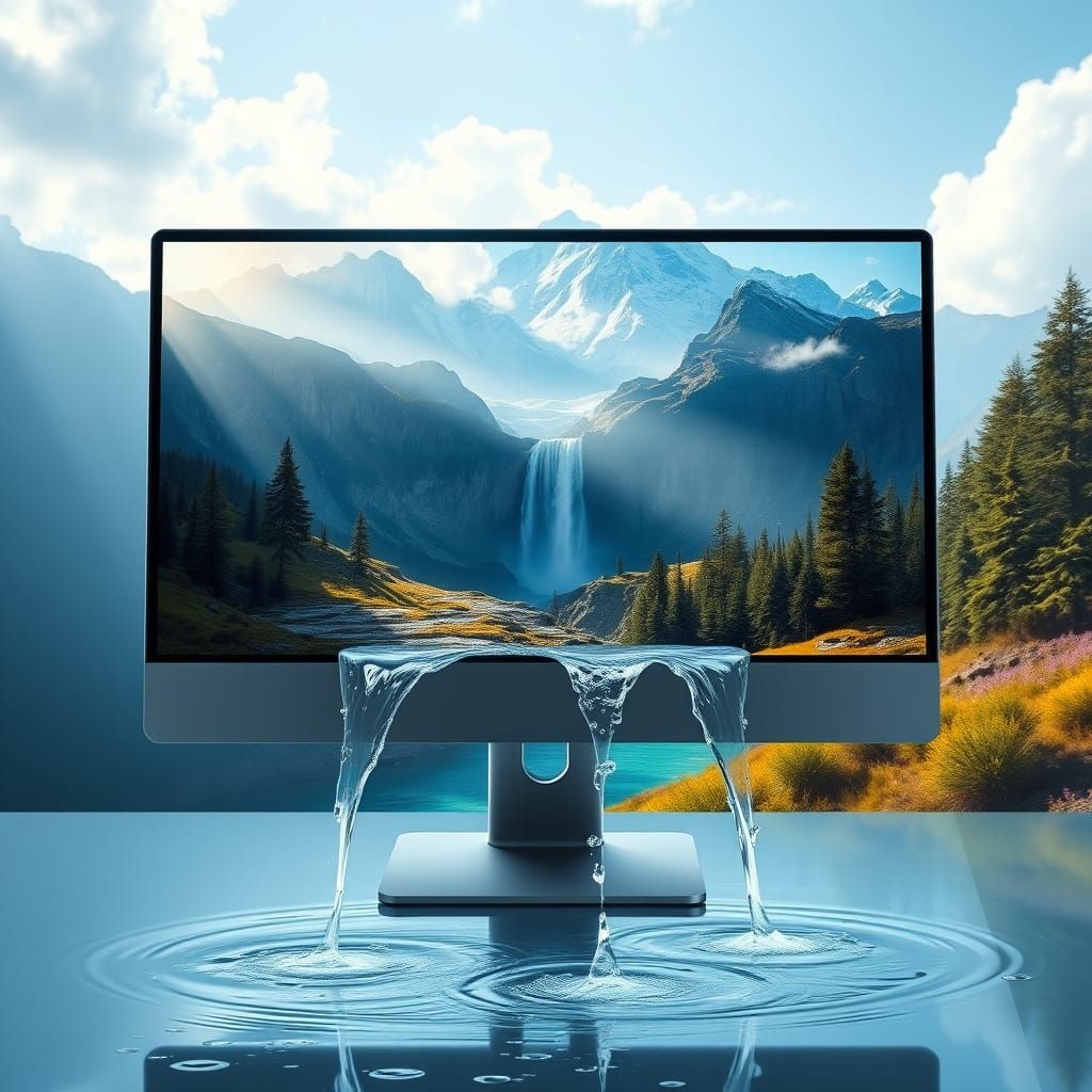 Waterfall Flows from Computer Screen in Dreamlike Scene