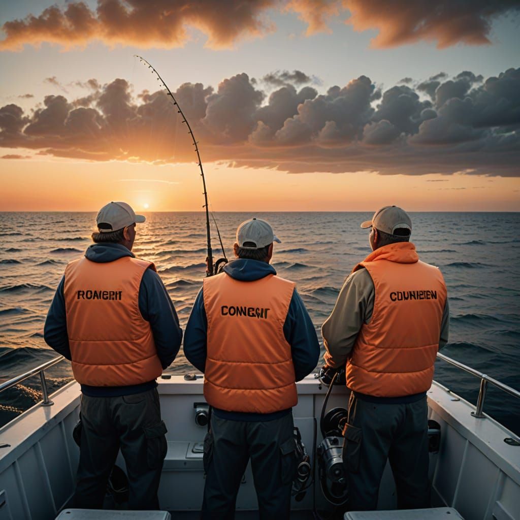 Four Fishermen on Deep Sea Boat at Dawn