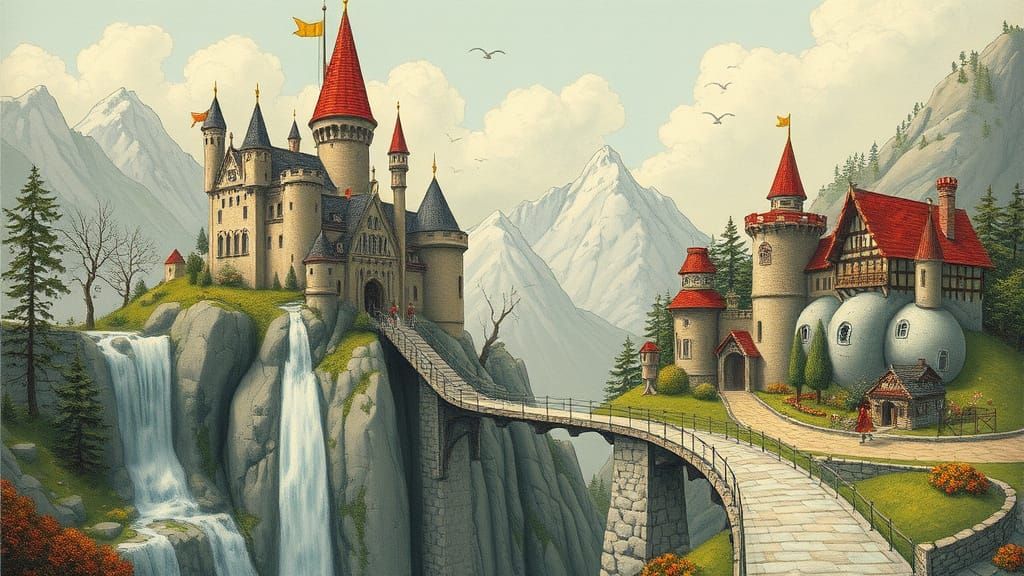 Whimsical Mountain Castle with Enchanted Village