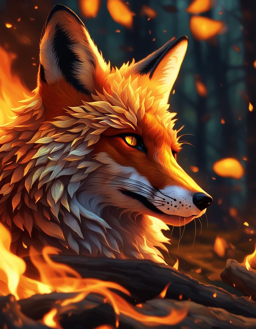 Fiery Fox Emerging from Campfire: Digital Art
