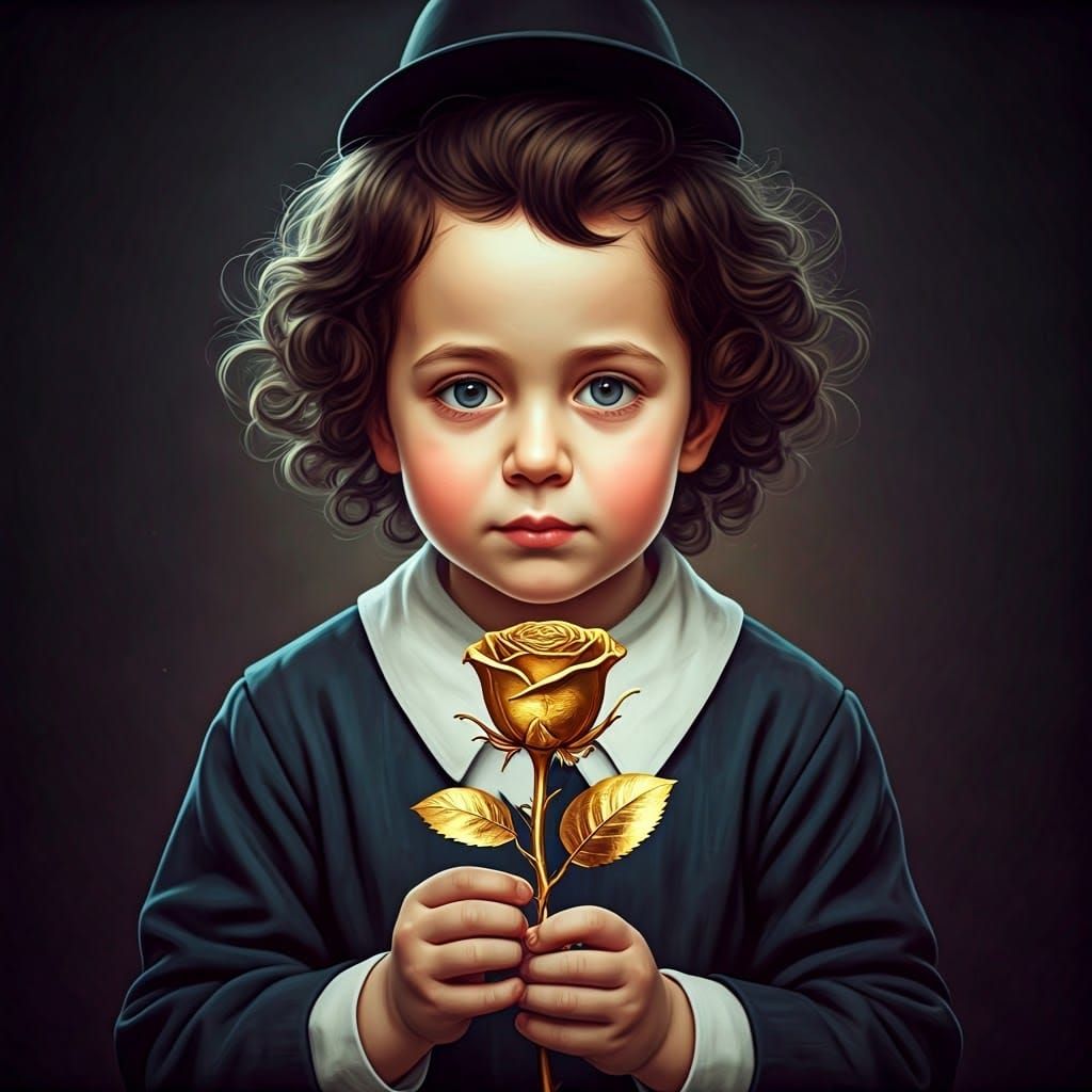 Ultra-Orthodox Boy Holds Golden Rose in Dark Fantasy Portrai...