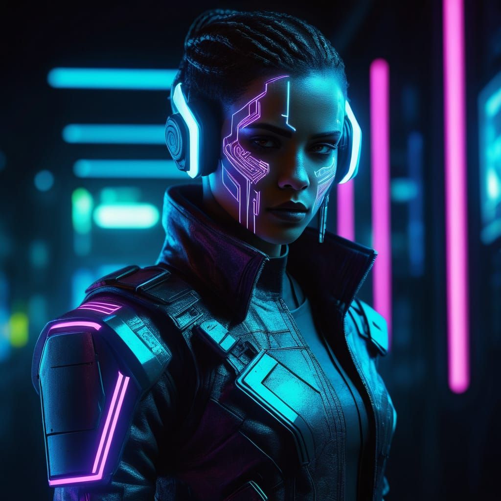 Cyberpunk Amazon Hacker in Neon Data Haven