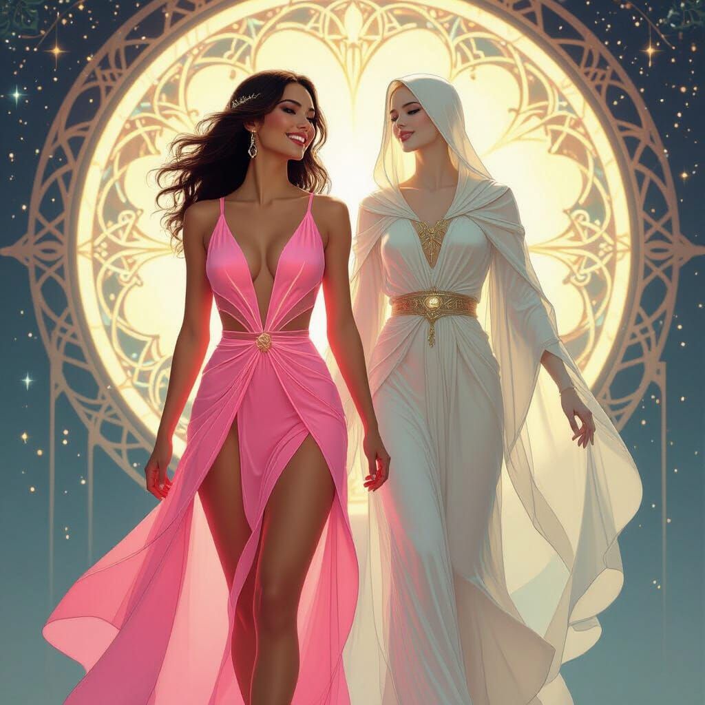 Woman in Neon Dress with Celestial Being