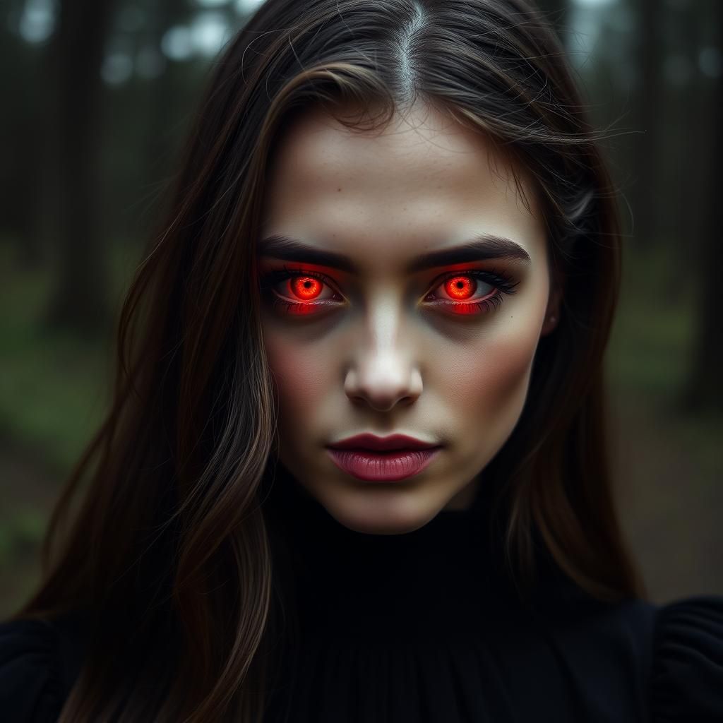 Woman with Red Eyes in Black Forest