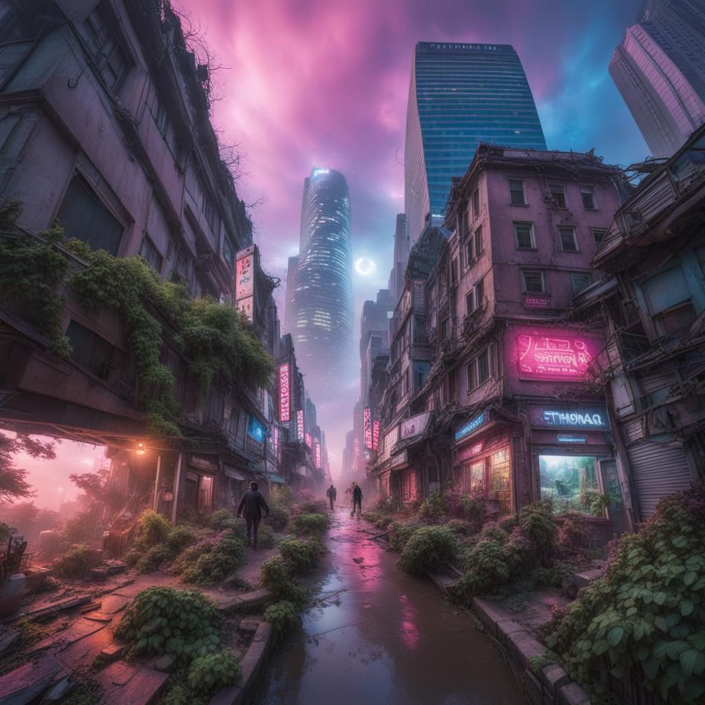 Seoul Cityscape: Overgrown Futuristic Post-Apocalyptic Skyli...