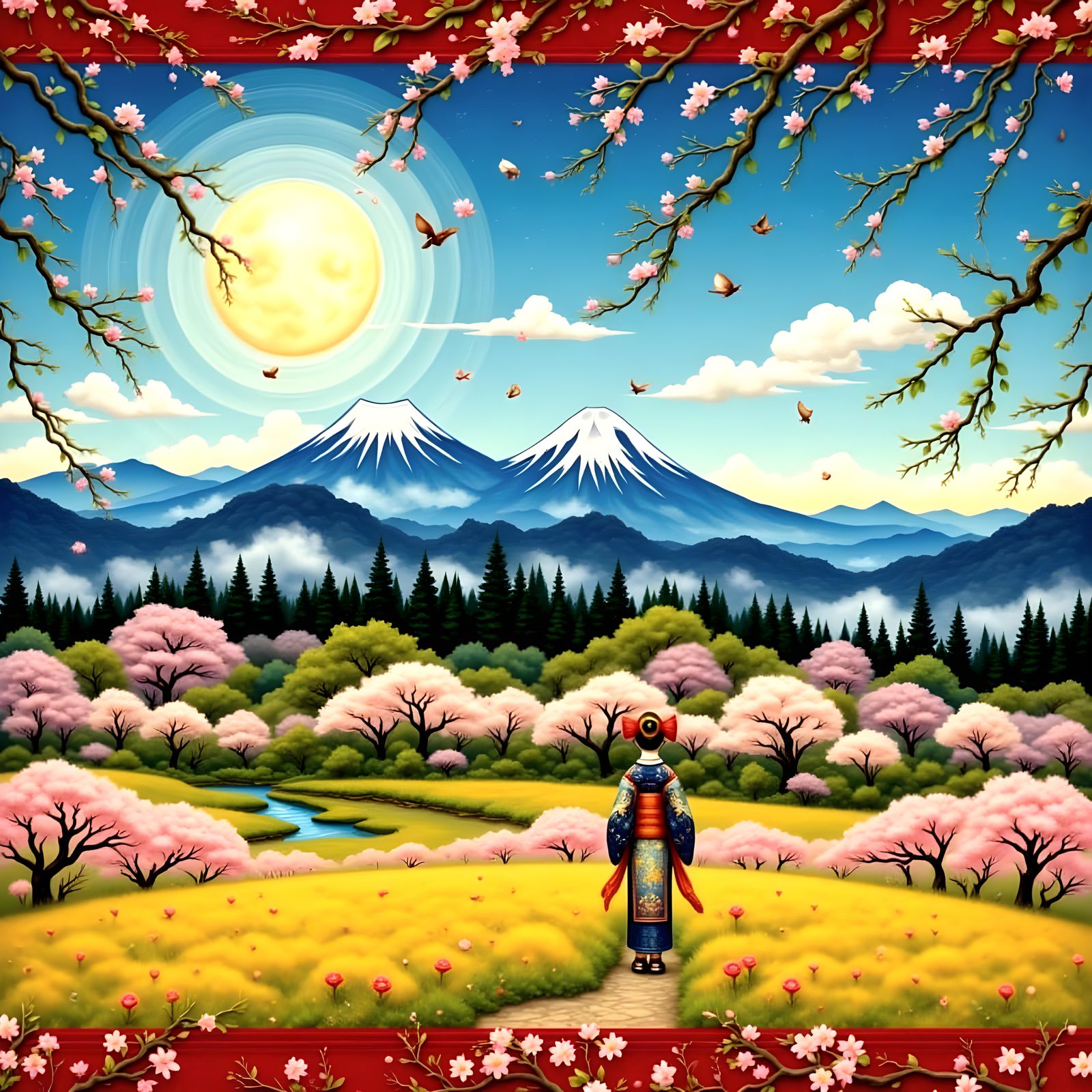 Surreal Japanese Landscape in Vibrant Shin Hanga Style