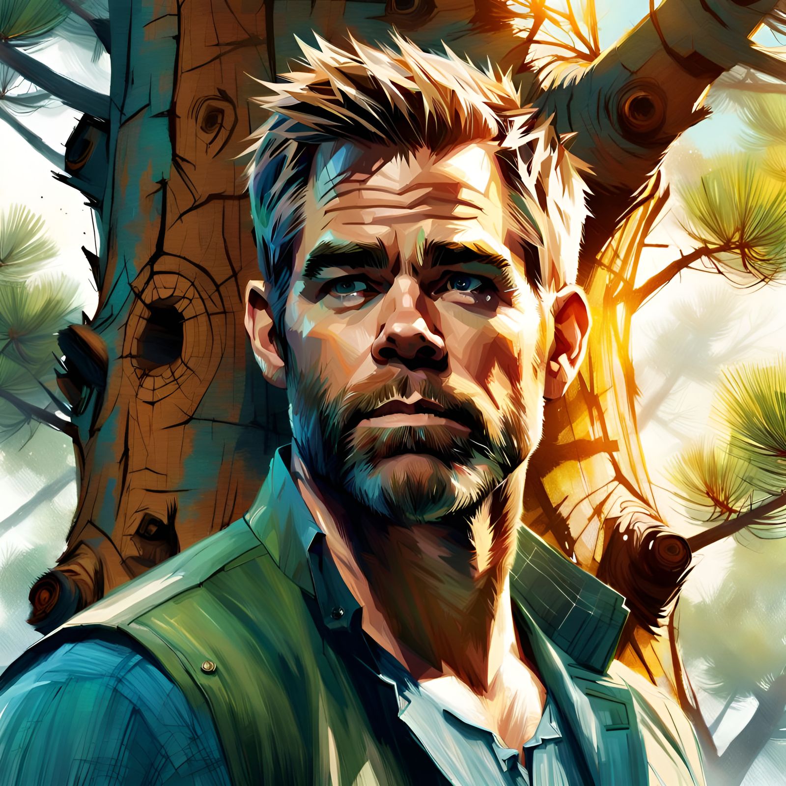 Chris Pine in Pine Tree Portrait, Digital Illustration