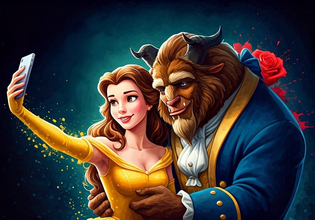 Belle and Beast Selfie: Vivid Acrylic Watercolor Portrait