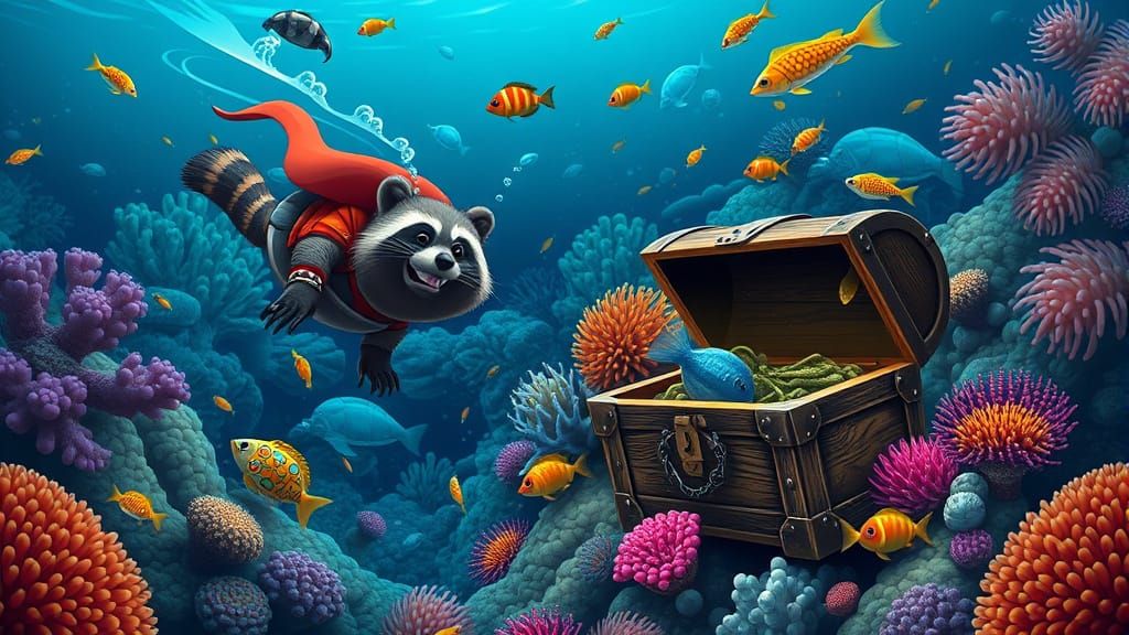 Raccoon Diver Steals Pirate Treasure From Coral Reef